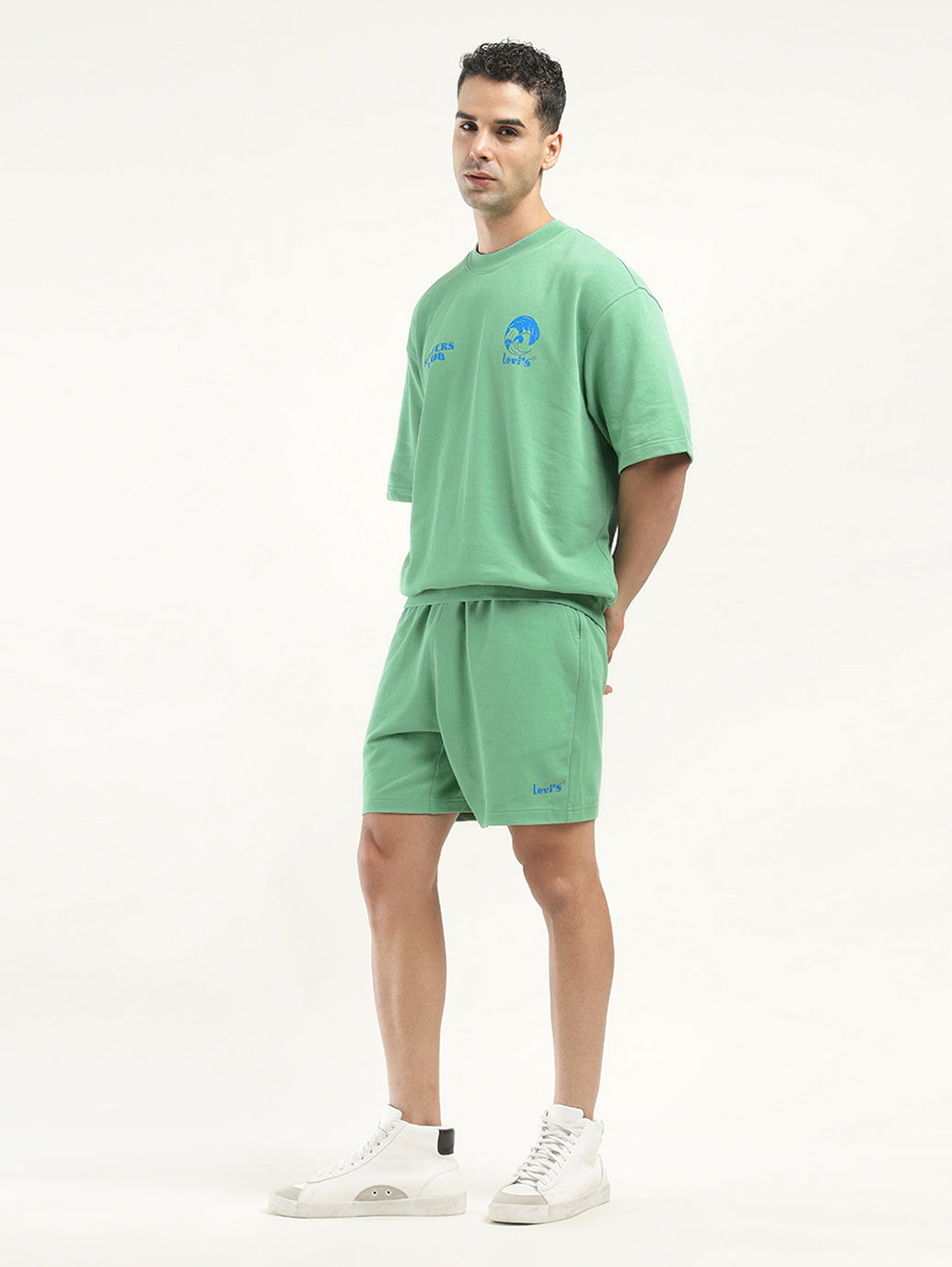 Men's Solid Green Crew Neck Co-ord Set - side View