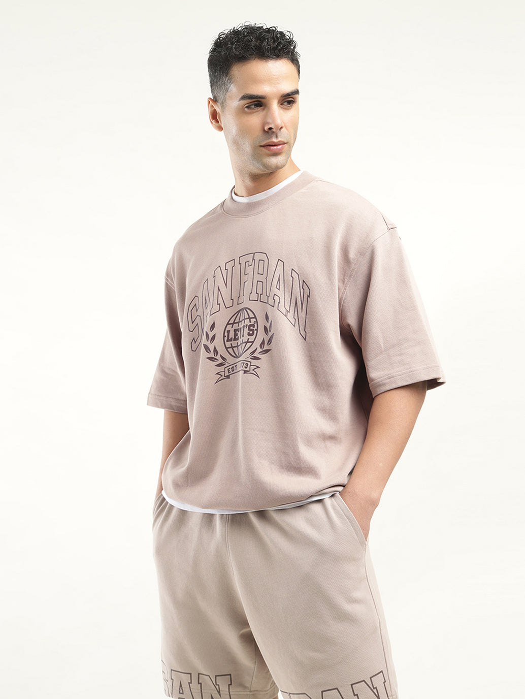 Men's Graphic Beige Crew Neck Co-ord Set
