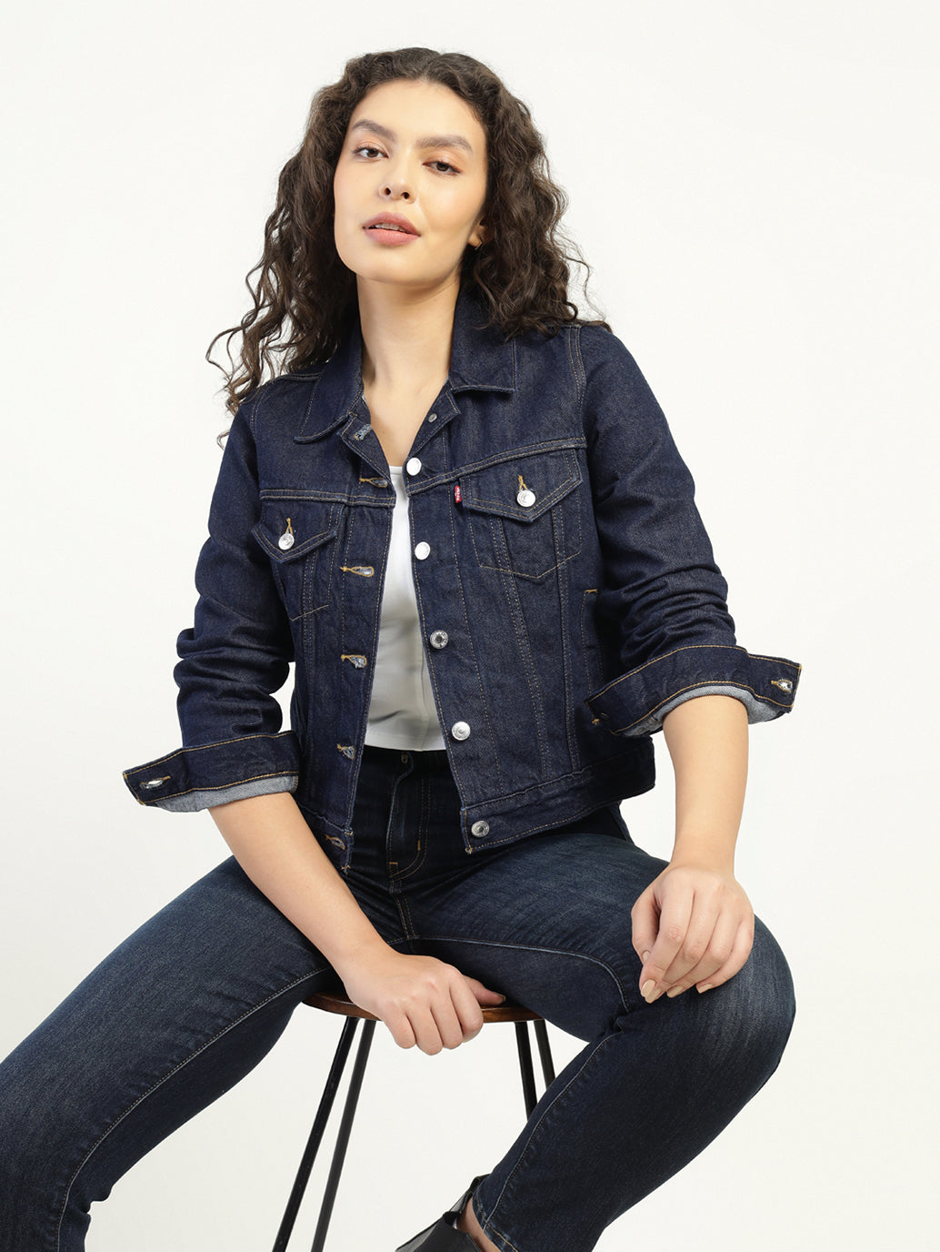 Women's Solid Dark Blue Spread Collar Denim Jacket