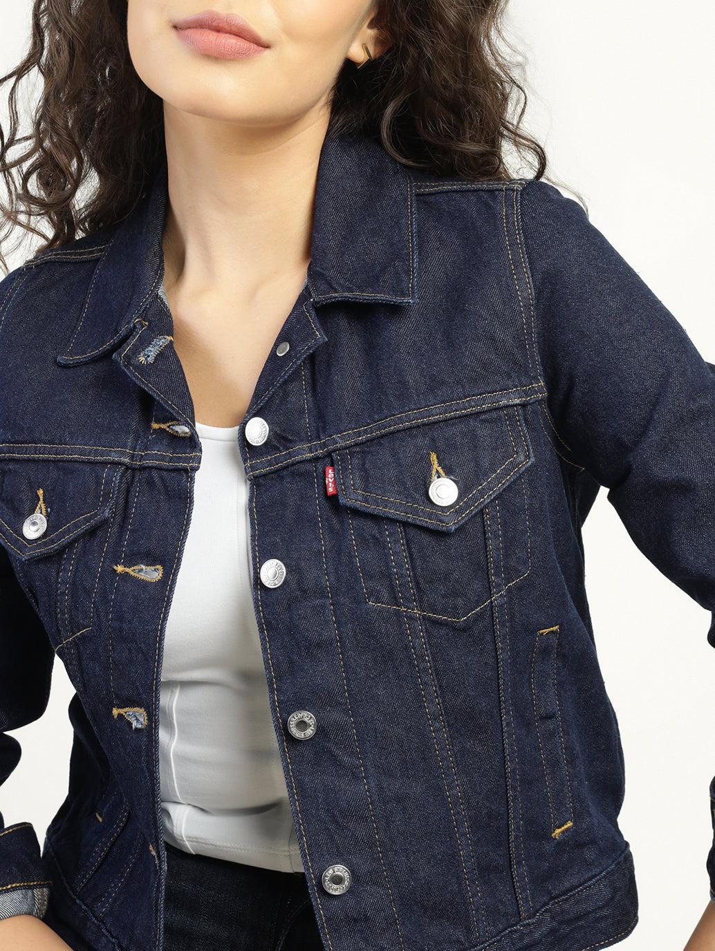 Women's Solid Dark Blue Spread Collar Denim Jacket – Levis India Store