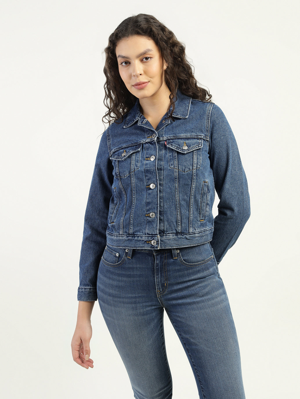 Women's Solid Dark Blue Spread Collar Denim Jacket