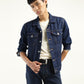 Men's Solid Dark Blue Spread Collar Jacket