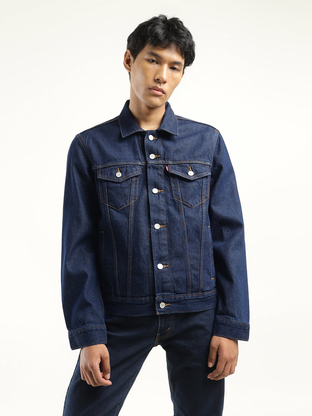 Men's Solid Dark Blue Spread Collar Jacket