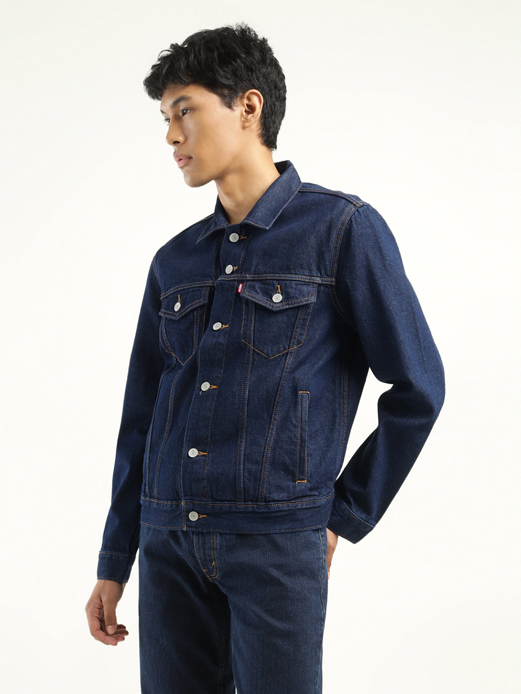 Men's Solid Dark Blue Spread Collar Jacket