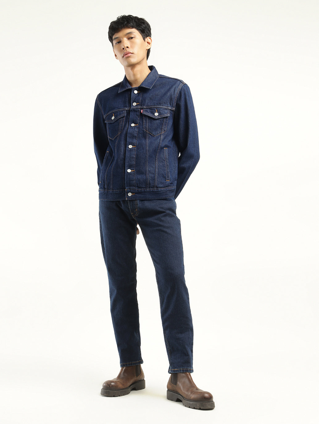 Men's Solid Dark Blue Spread Collar Denim Jacket