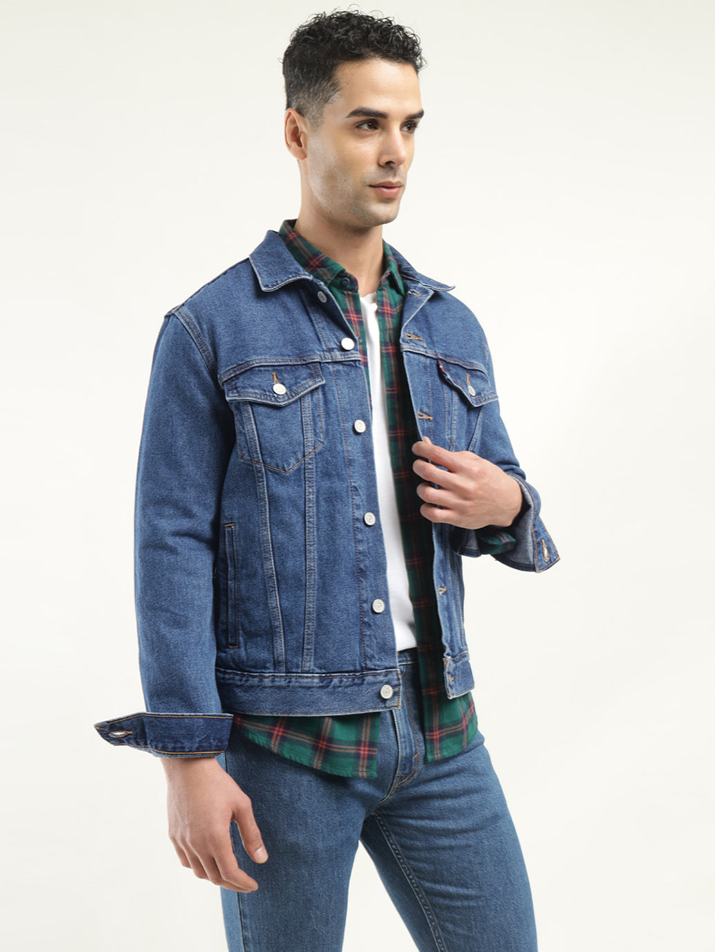 Men's Solid Blue Spread Collar Denim Jacket