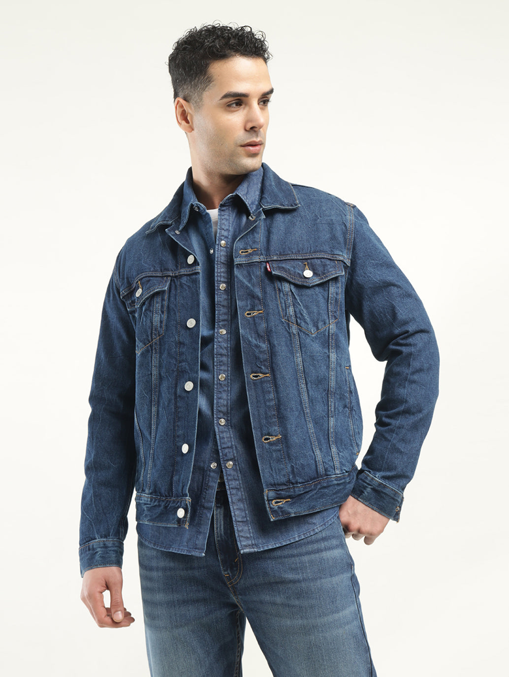 Men's Solid Dark Blue Spread Collar Denim Jacket