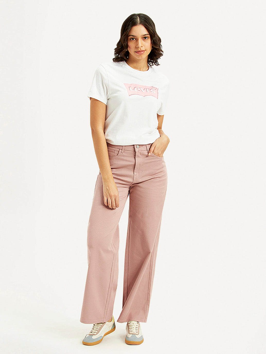 Women's Pink Wideleg Fit High Rise Jeans - Front View