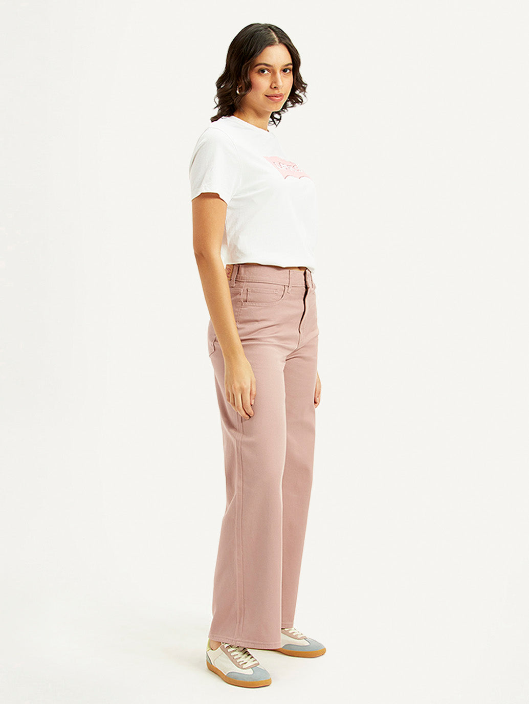 Women's Pink Wideleg Fit High Rise Jeans - Side View