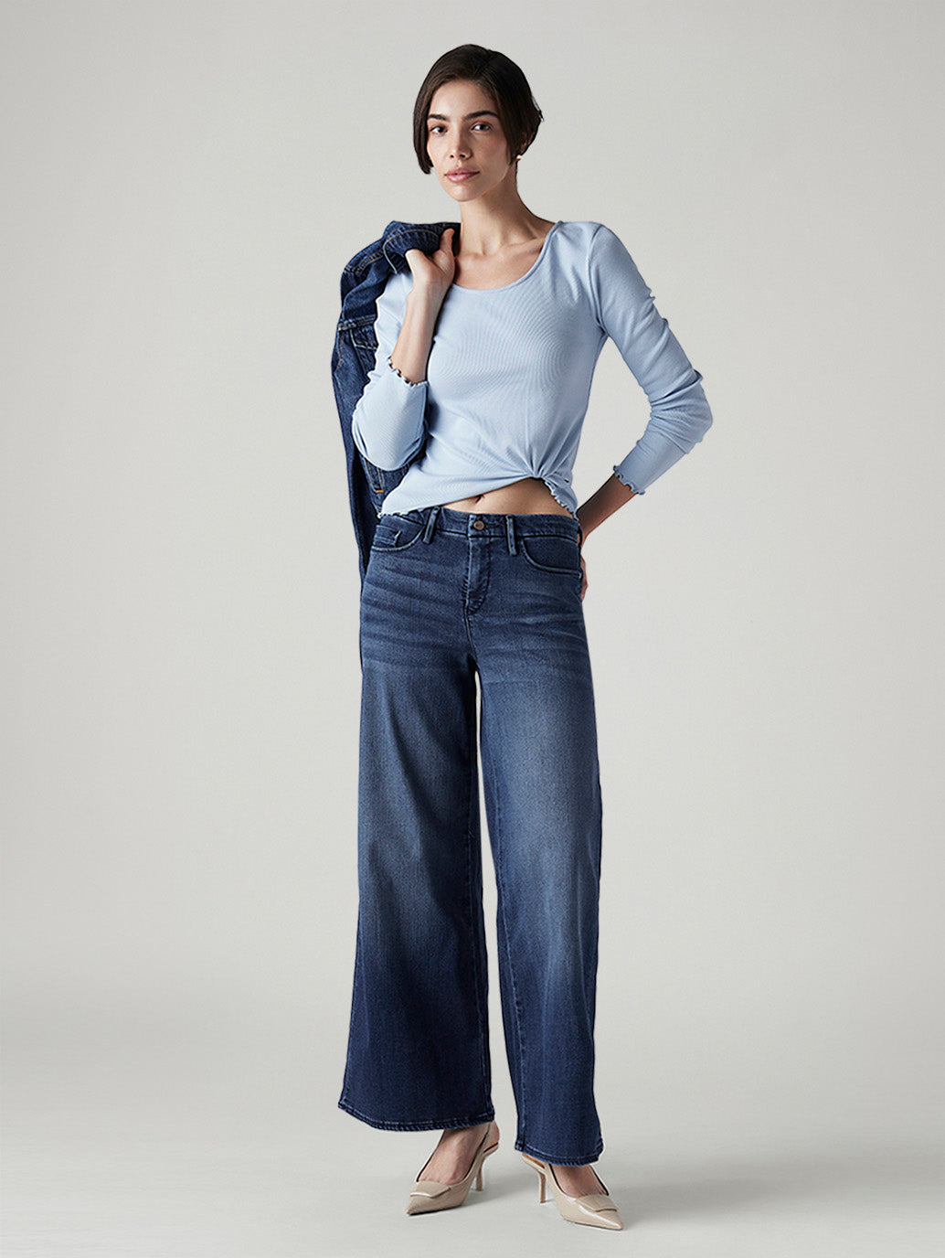 Women's 318 Dark Indigo Wide Leg Fit Mid Rise Redloop Jeans - Styleshot View