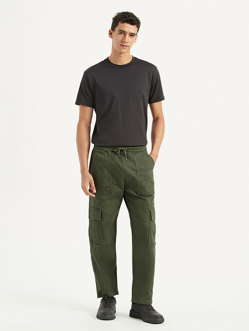 Men's Olive Tapered Fit Cargo Trousers - Front View