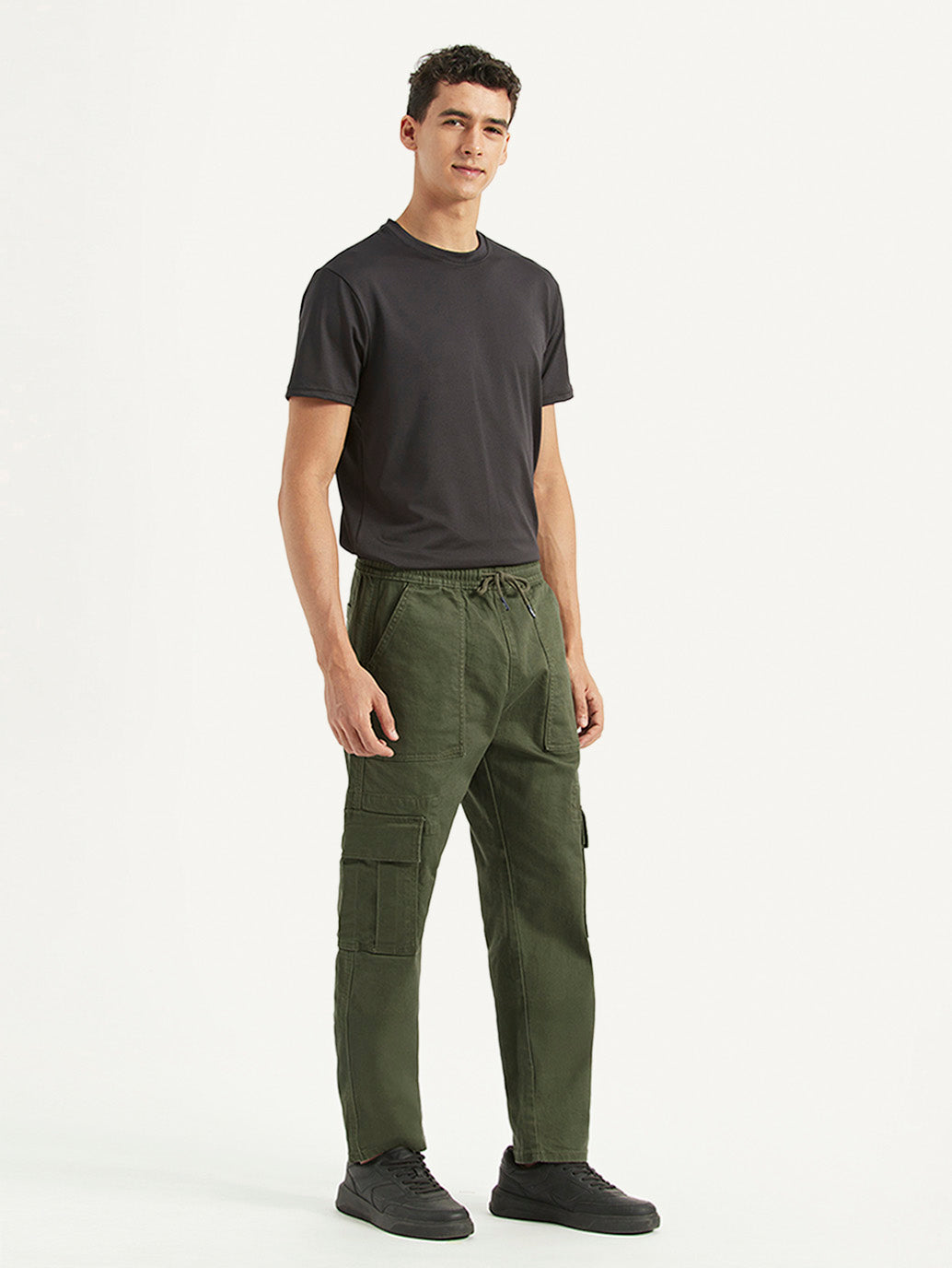 Men's Olive Tapered Fit Cargo Trousers - Side View