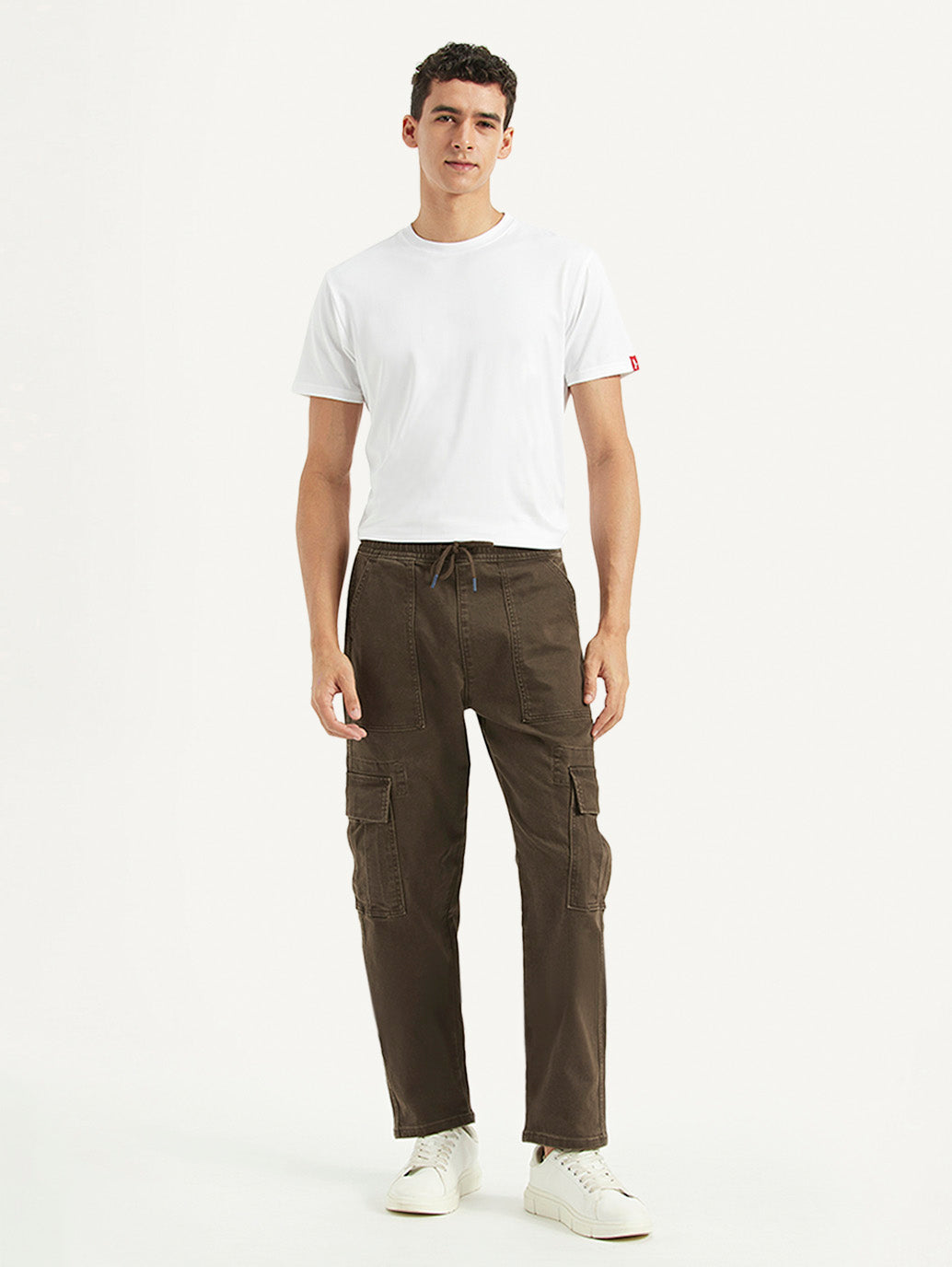 Men's Dark Brown Tapered Fit Cargo Trousers - front View