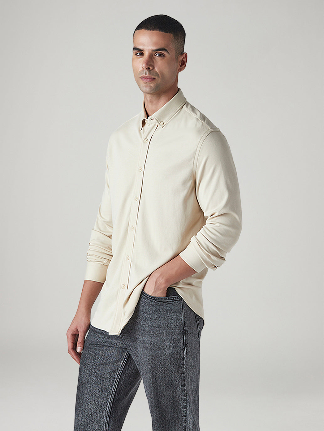 Men's Solid Slim Fit Interlock Shirt - Side View