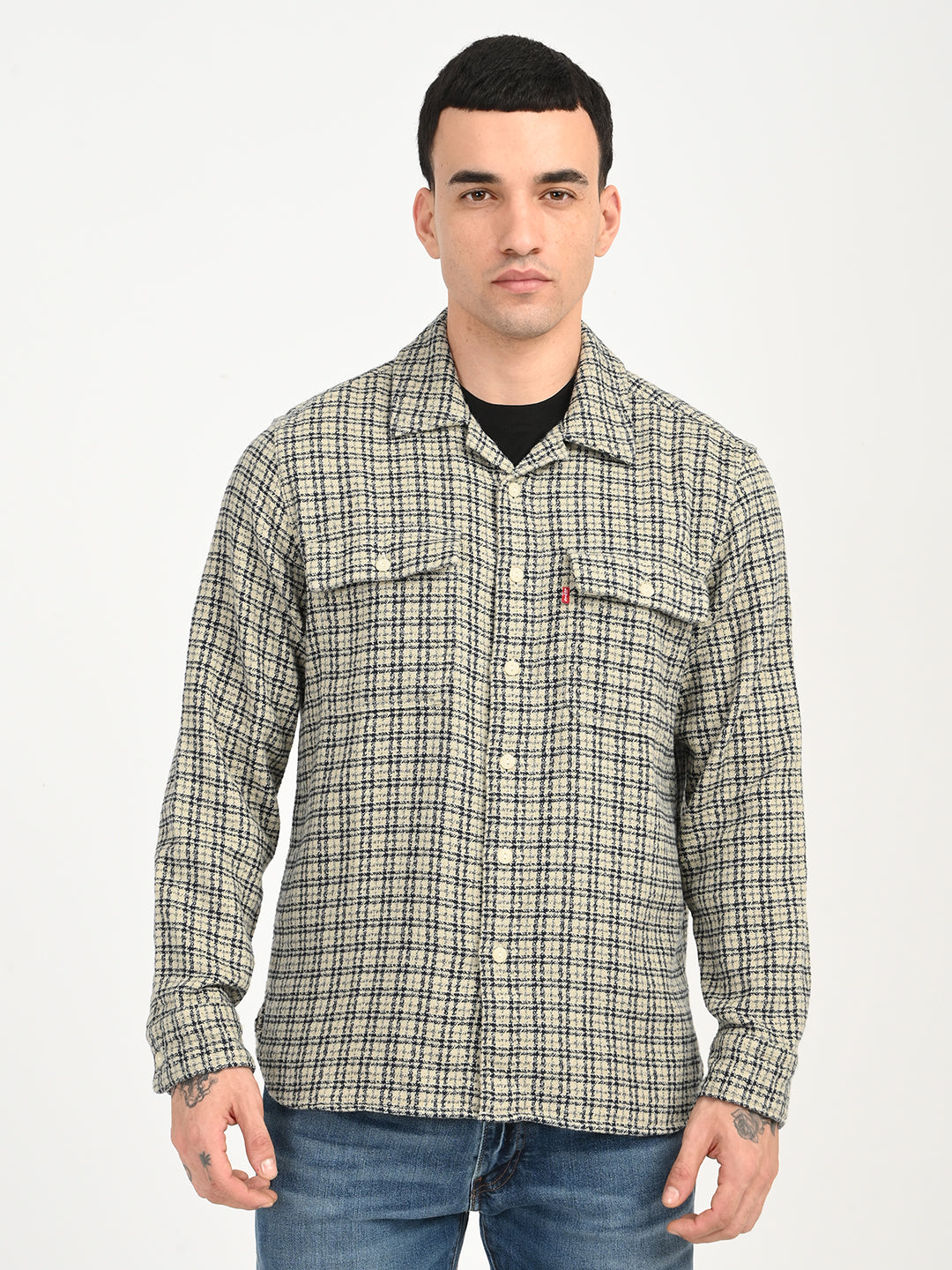 Men's Checkered Beige Slim Fit Camp Shirt - frount View