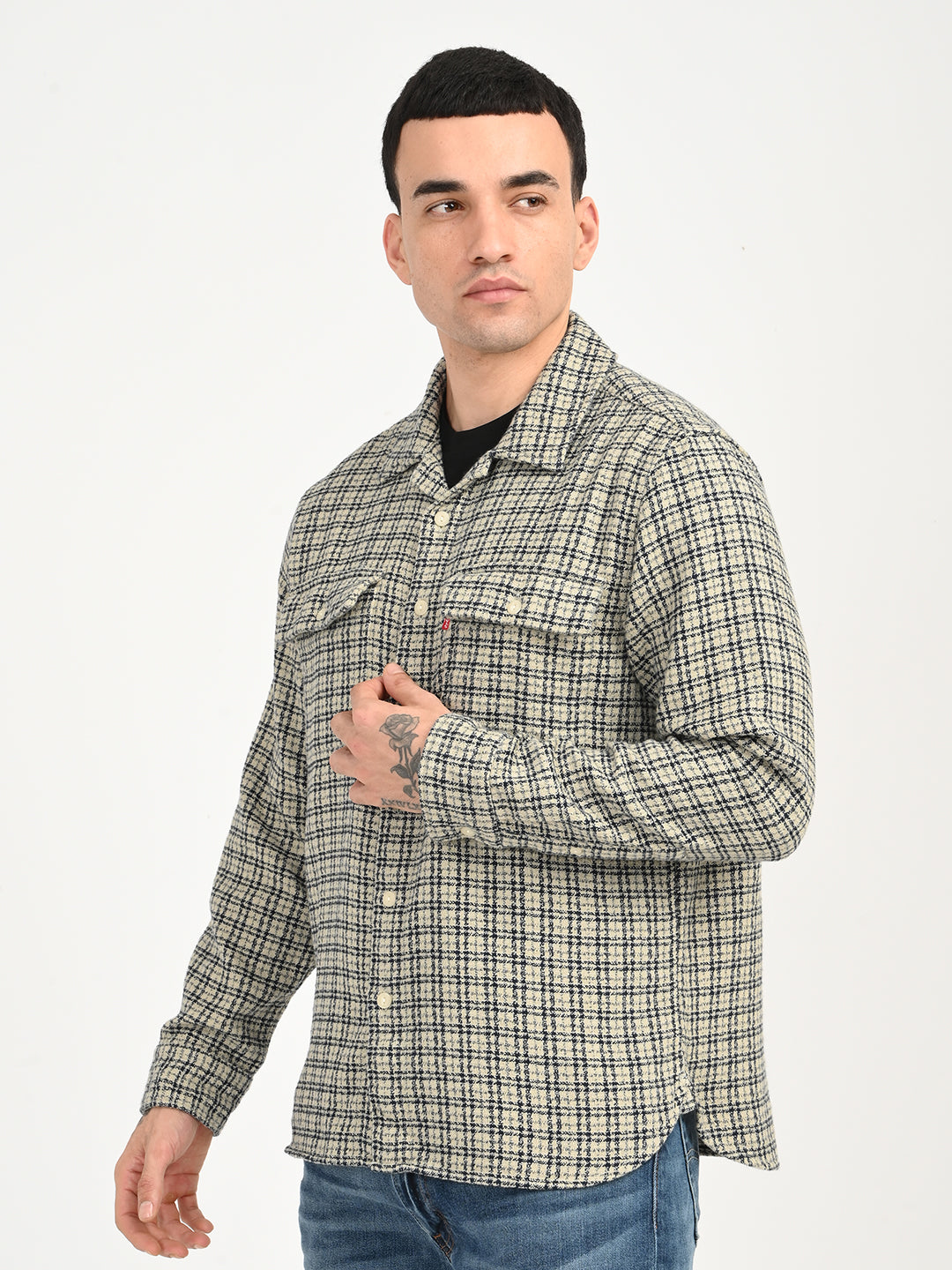 Men's Checkered Beige Slim Fit Camp Shirt - side View