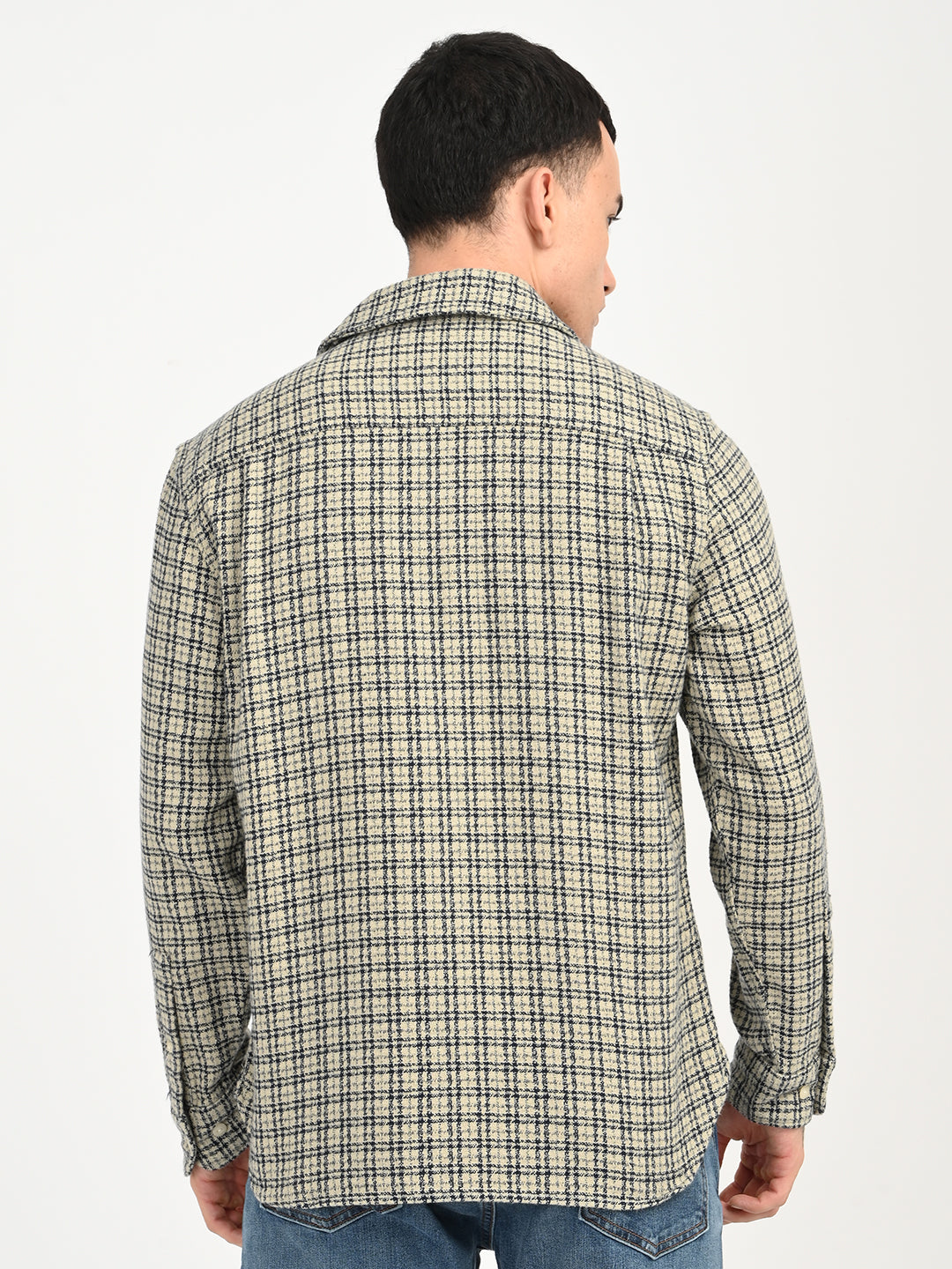 Men's Checkered Beige Slim Fit Camp Shirt - back View