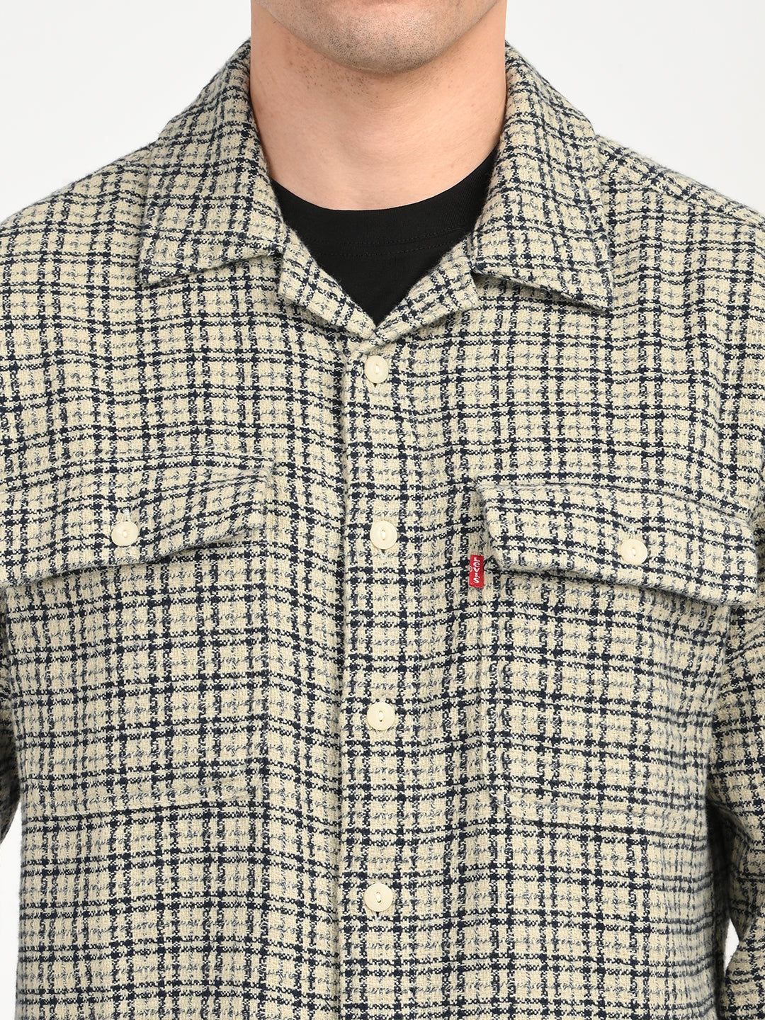 Men's Checkered Beige Slim Fit Camp Shirt - deatil View