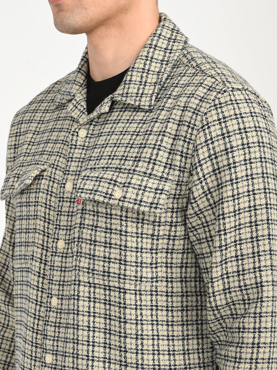 Men's Checkered Beige Slim Fit Camp Shirt - deatil View
