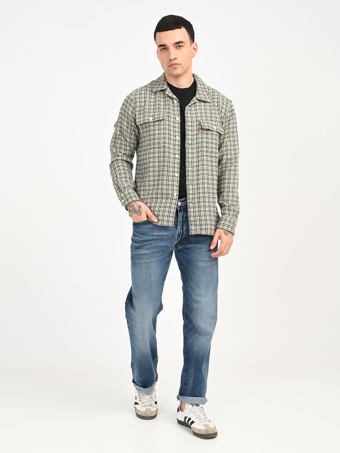 Men's Checkered Beige Slim Fit Camp Shirt - 6 View