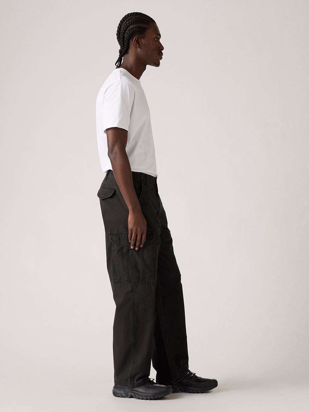 Men's Black Baggy Fit Mid Rise Cargo Trousers - Side View