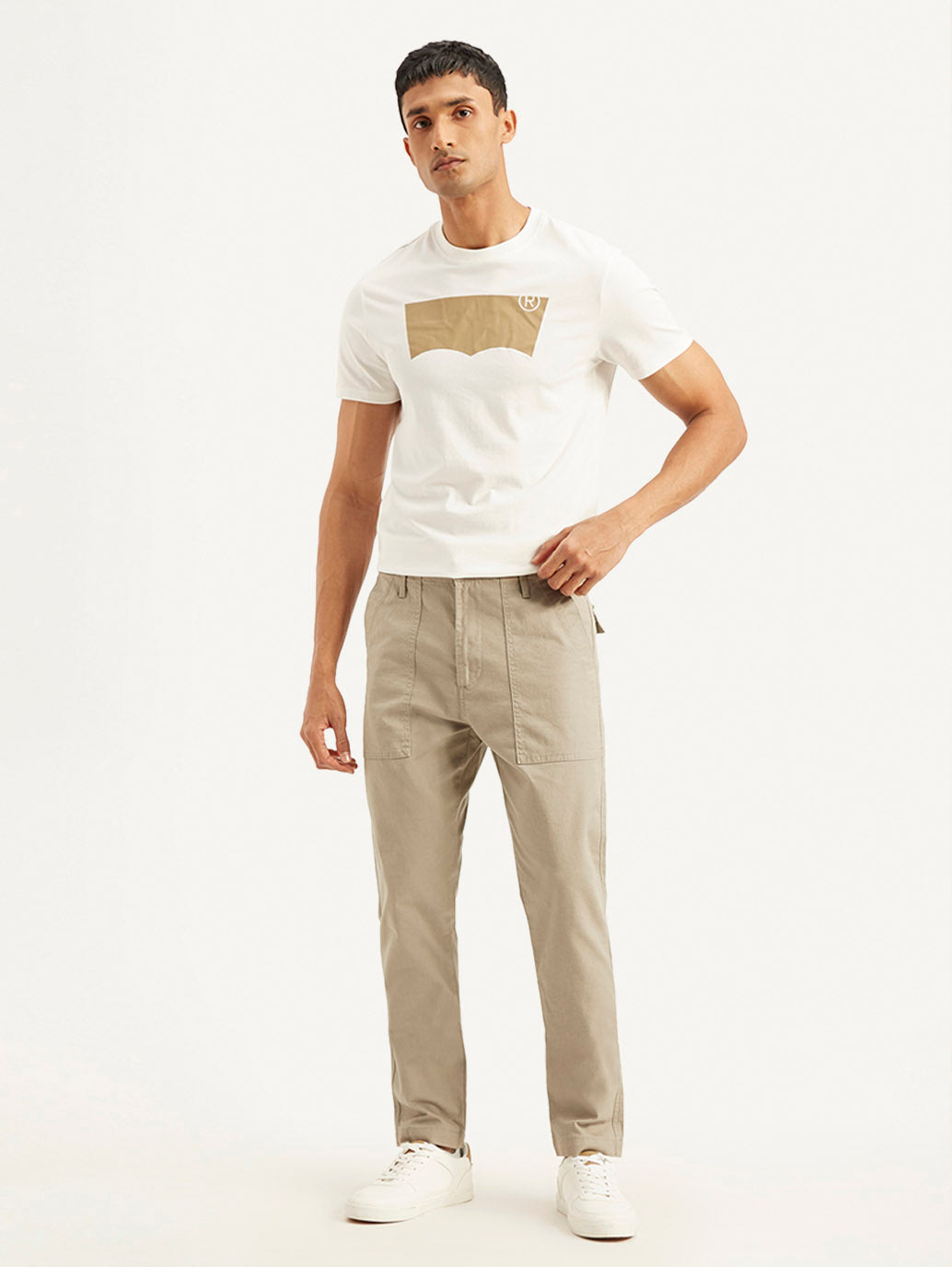 Men's Beige Slim Fit Utility Linen Cargo Trousers - Front View