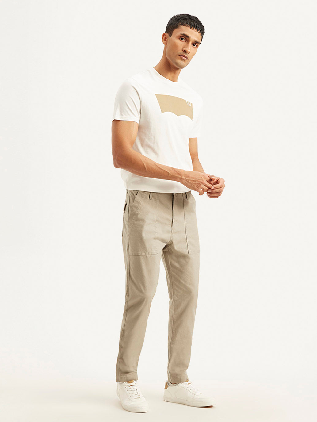 Men's Beige Slim Fit Utility Linen Cargo Trousers - Side View