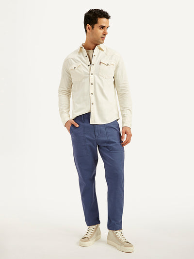 Men's Blue Slim Tapered Fit Utility Linen Trousers