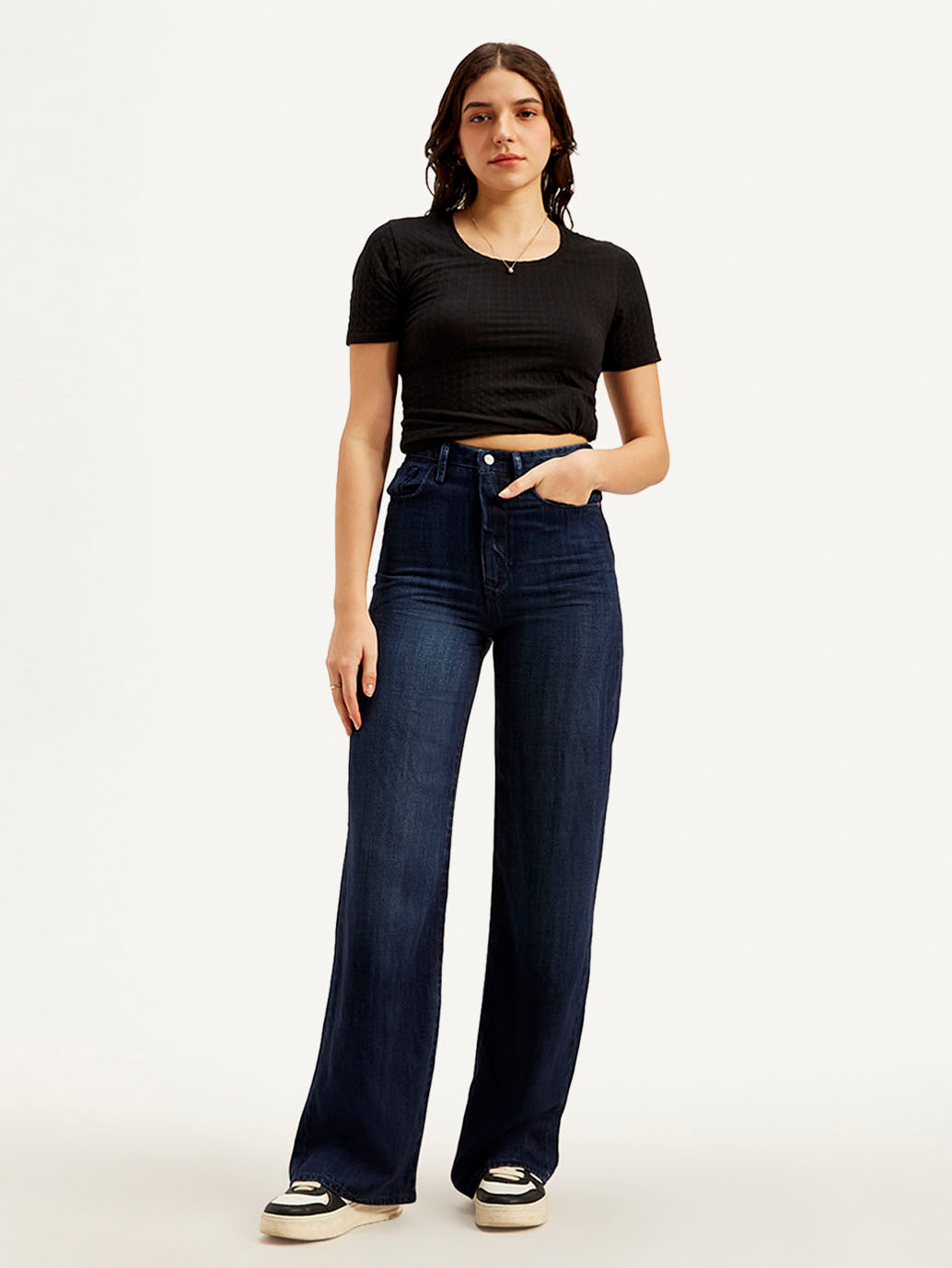 Women's Redloop Dark Blue Ribcage Bell Bottom Wide Leg Fit High Rise Jeans