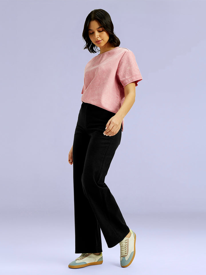 Women's Redloop Black Ribcage Bell Bottom Wide Leg Fit High Rise Jeans