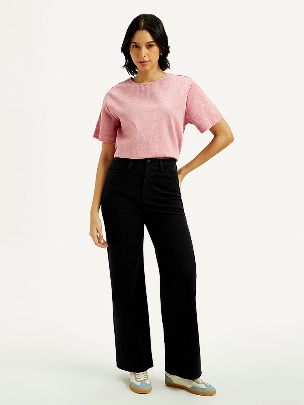 Women's Redloop Black Ribcage Bell Bottom Wide Leg Fit High Rise Jeans - Front View