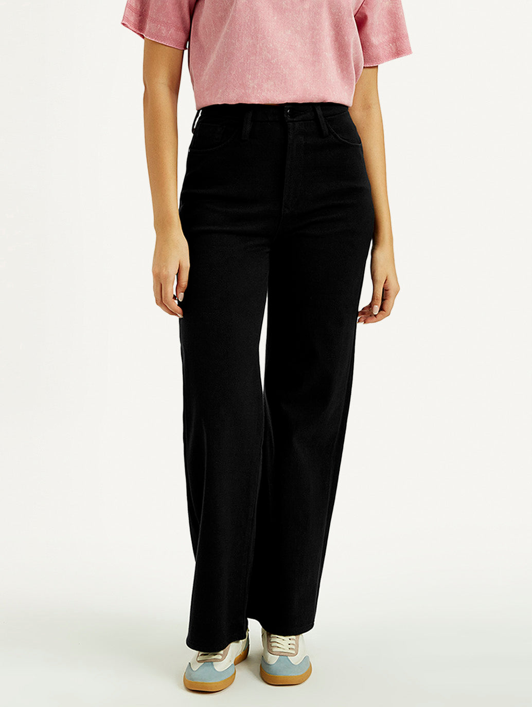 Women's Redloop Black Ribcage Bell Bottom Wide Leg Fit High Rise Jeans - Front View