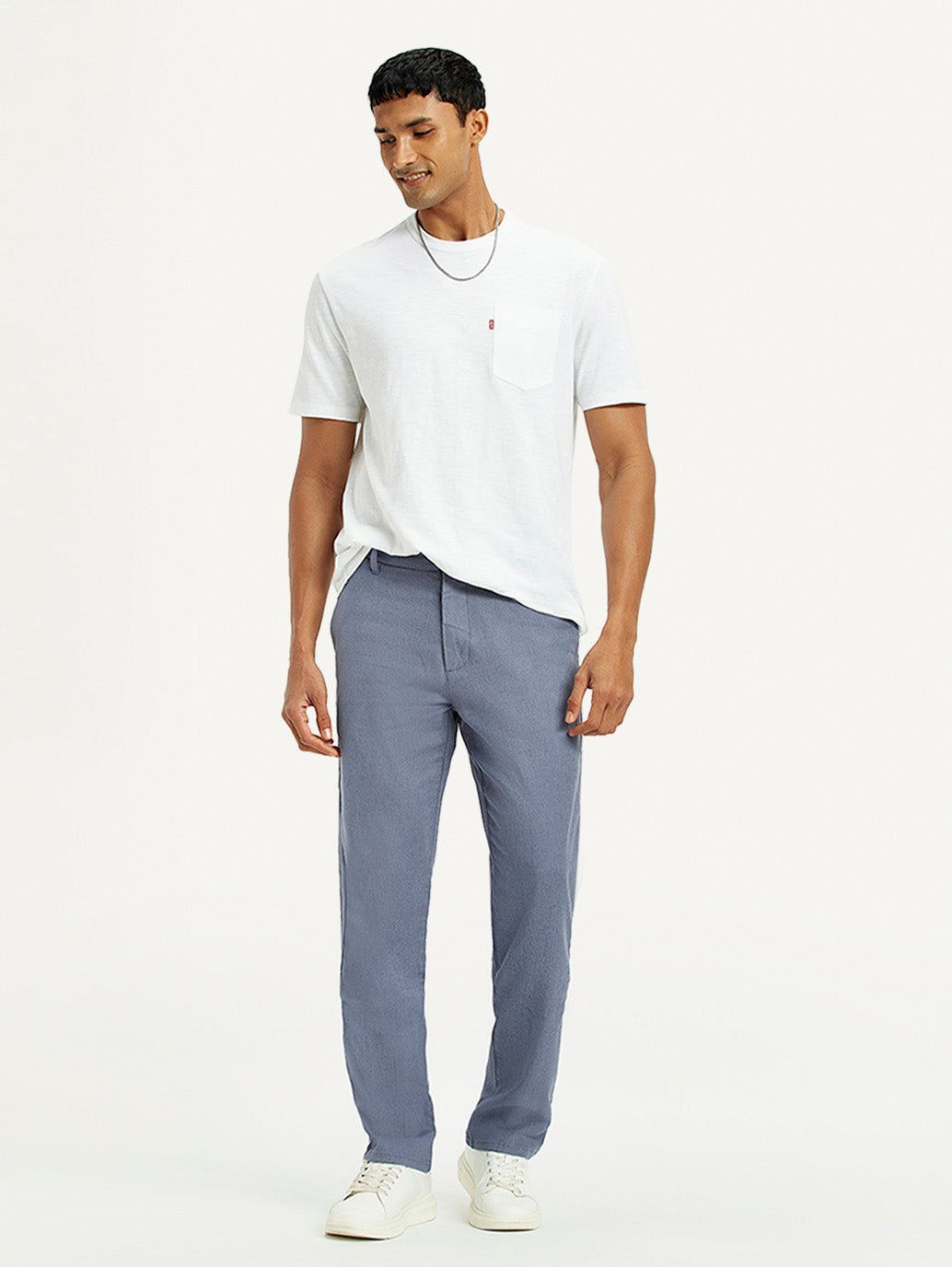 Men's Blue Relaxed Straight Fit Mid Rise Linen Trousers - Elevated View