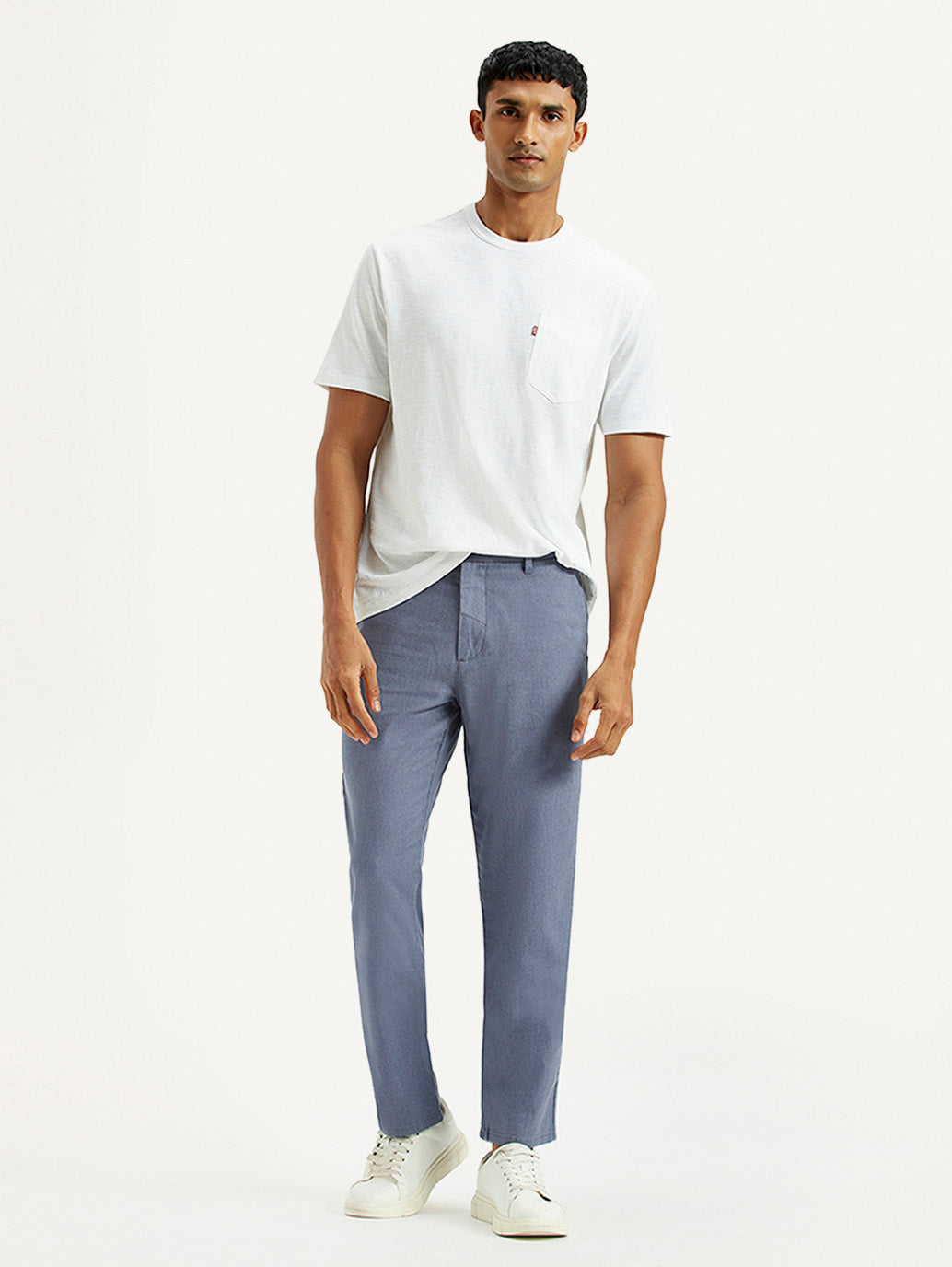 Men's Blue Relaxed Straight Fit Mid Rise Linen Trousers