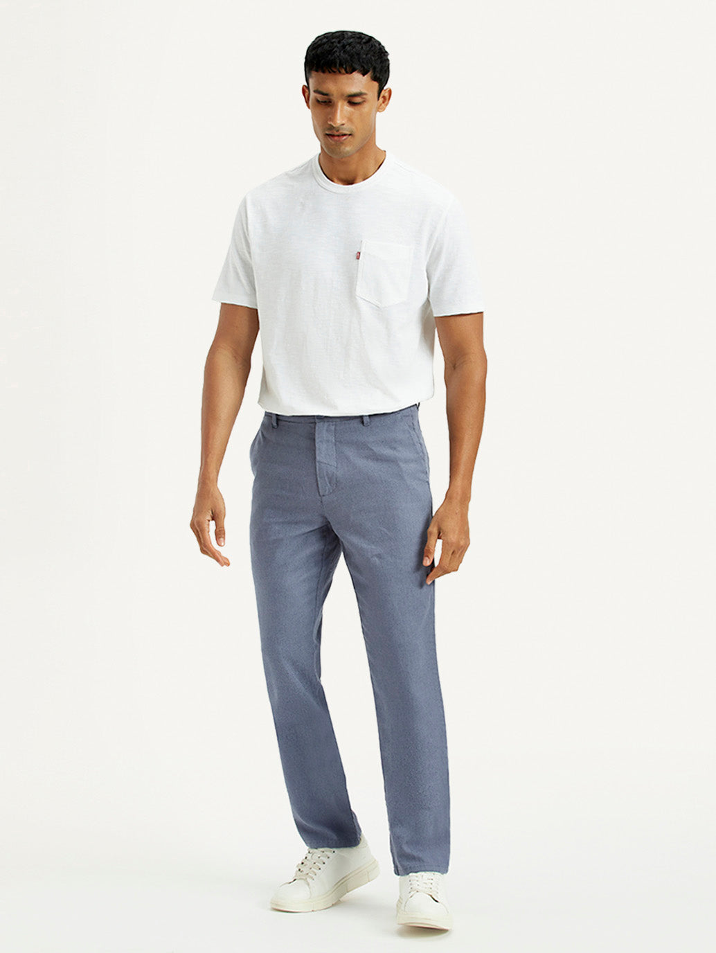 Men's Blue Relaxed Straight Fit Mid Rise Linen Trousers - Front View