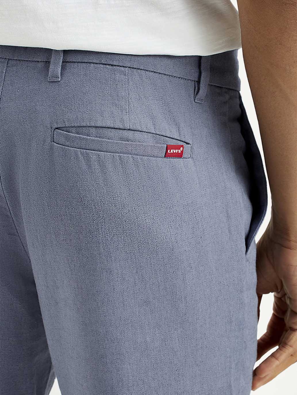Men's Blue Relaxed Straight Fit Mid Rise Linen Trousers - Detail View