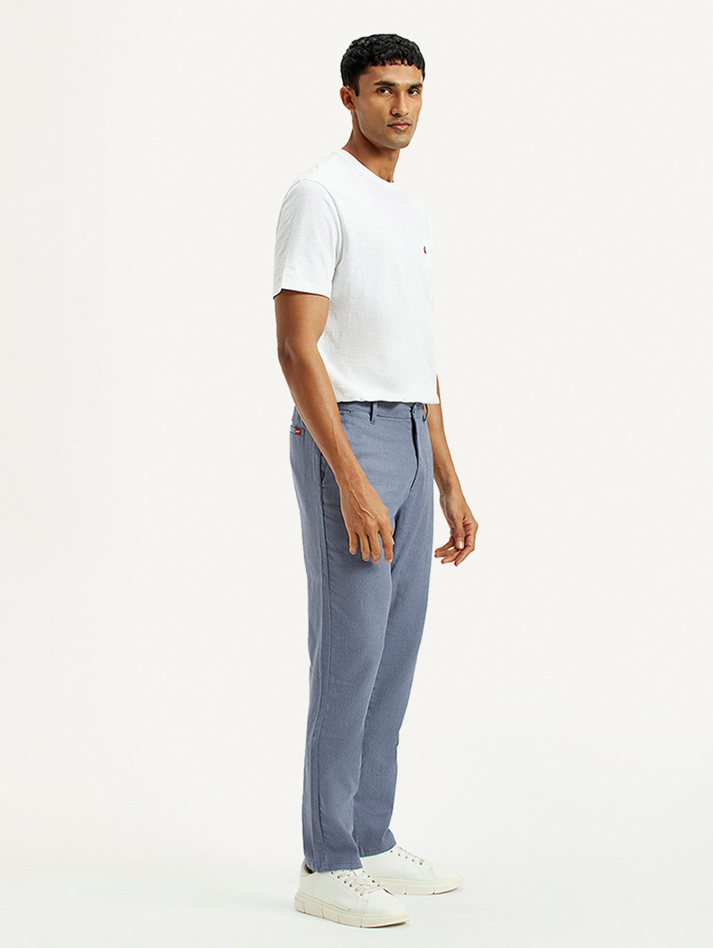 Men's Blue Relaxed Straight Fit Mid Rise Linen Trousers - Side View