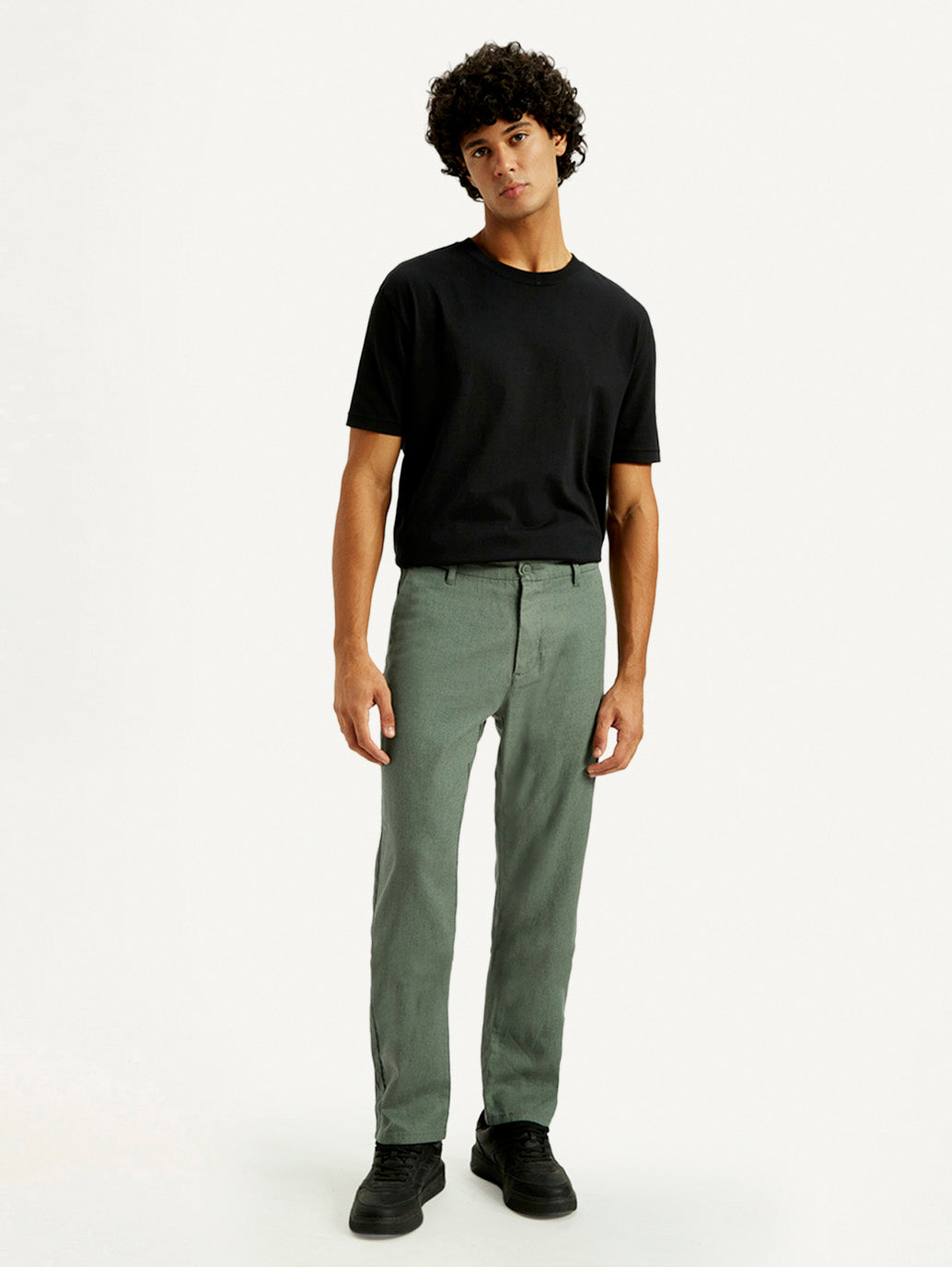 Men's Green Straight Fit Mid Rise Linen Chinos - Front View