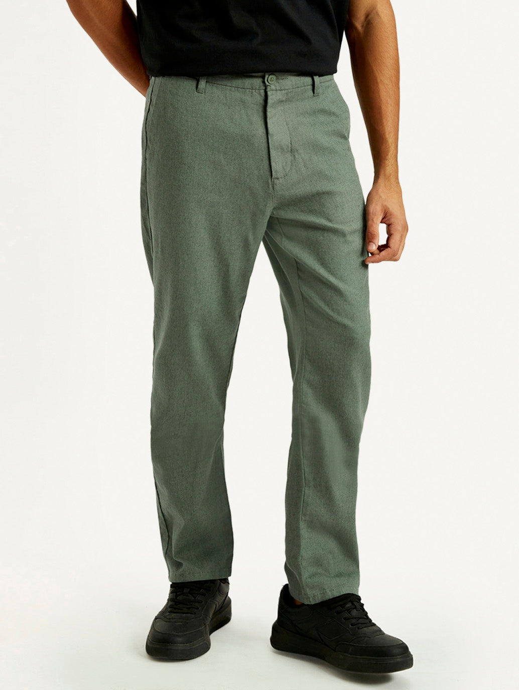 Men's Green Straight Fit Mid Rise Linen Chinos - Front View