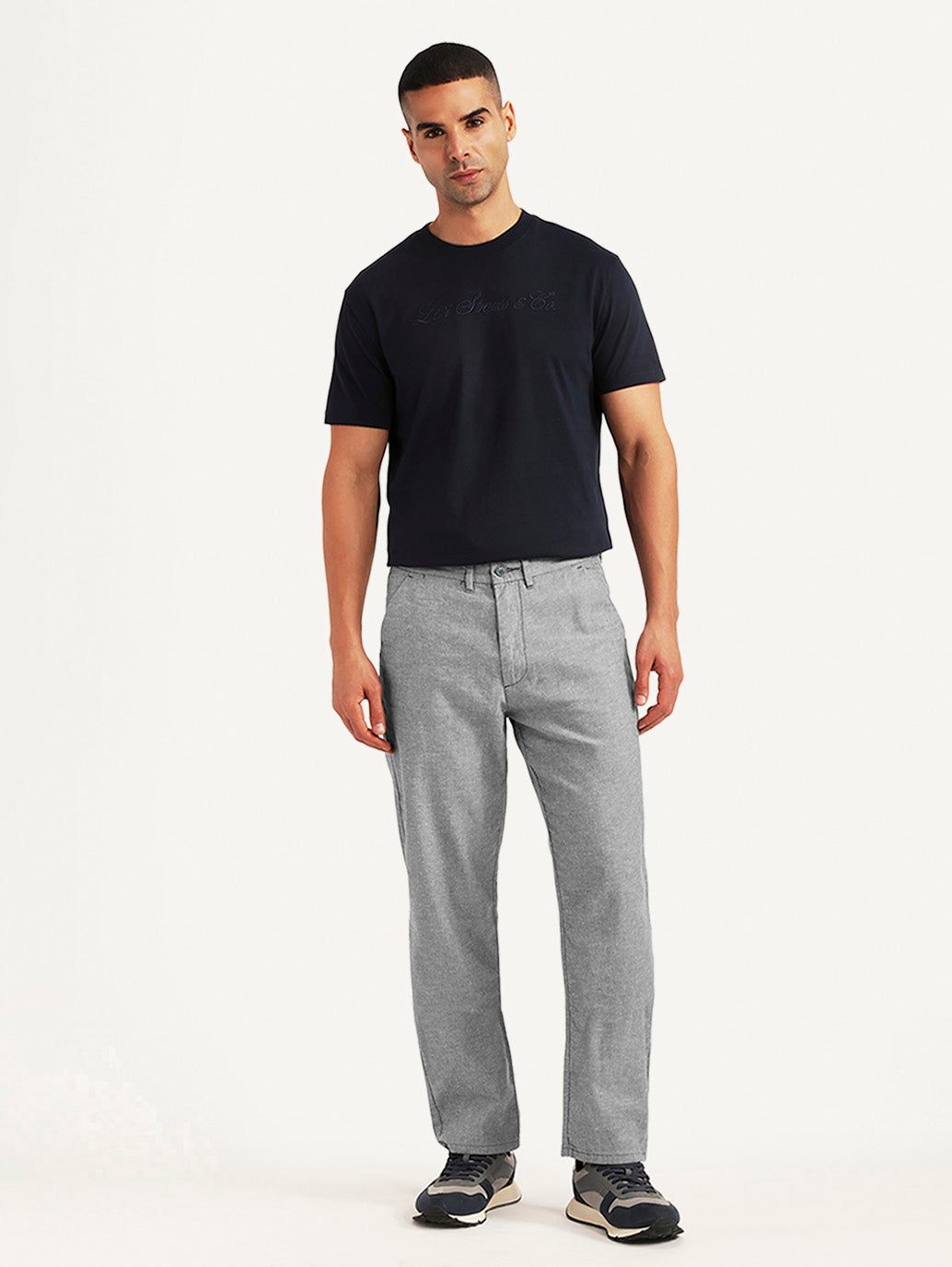 Men's Light Grey Relaxed Fit Linen Chinos - Front View