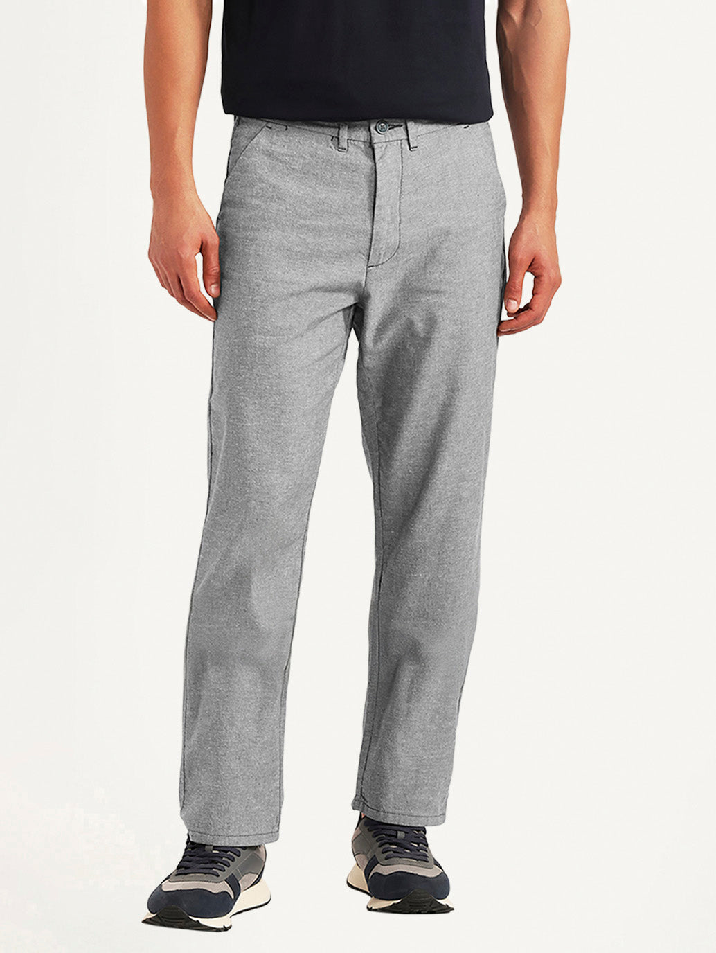 Men's Light Grey Relaxed Fit Linen Chinos - Front View