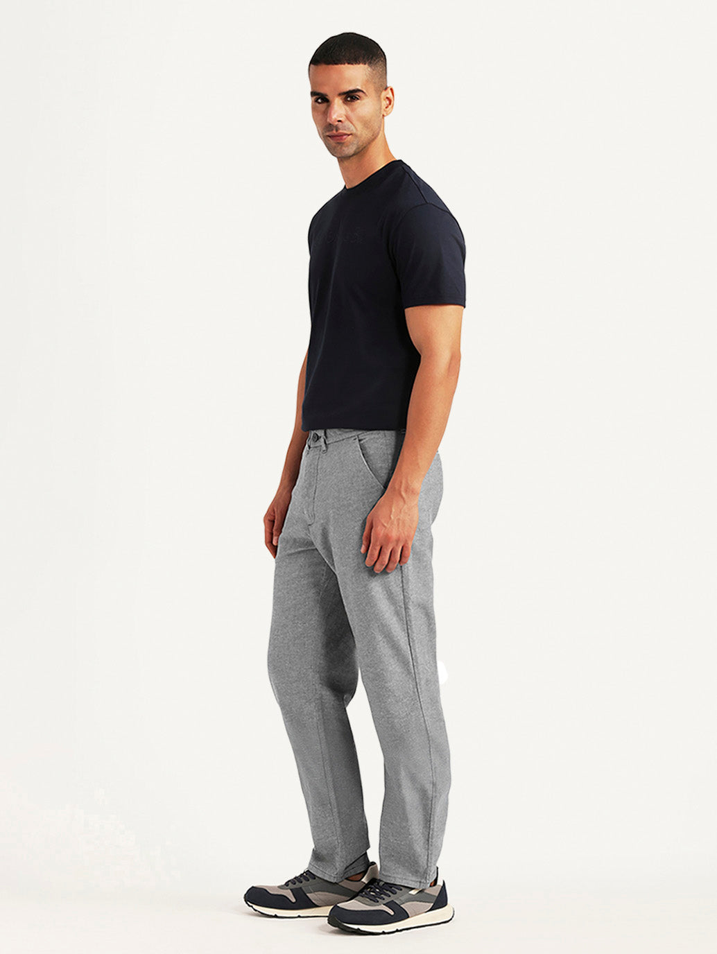 Men's Light Grey Relaxed Fit Linen Chinos - Side View