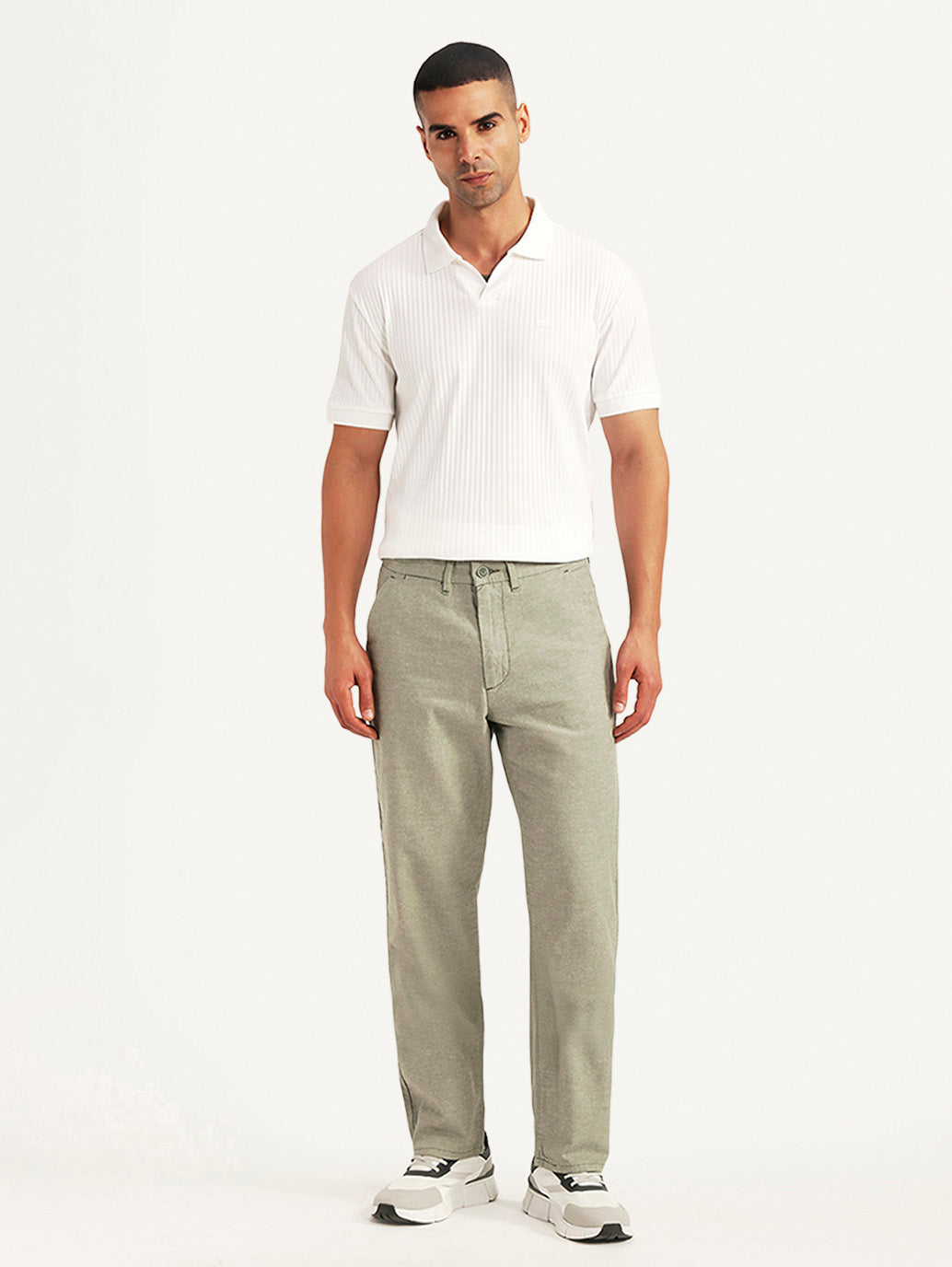 Men's Olive Relaxed Fit Linen Chinos - Front View