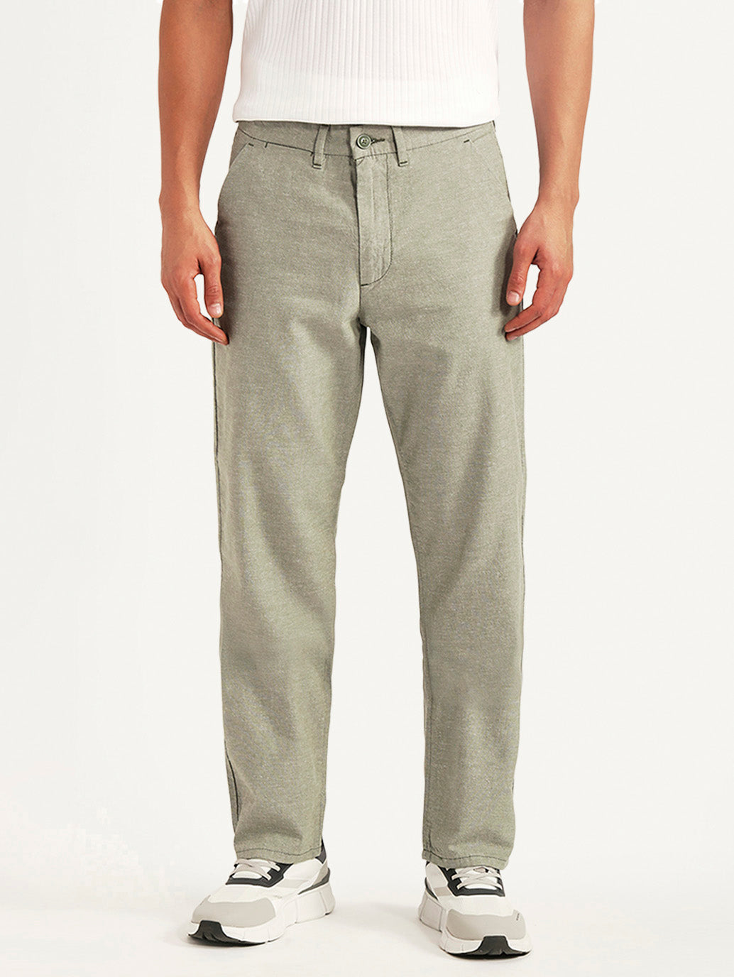 Men's Olive Relaxed Fit Linen Chinos - Front View
