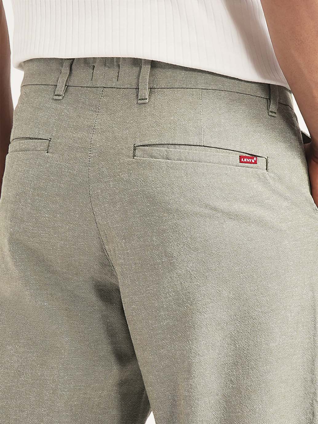 Men's Olive Relaxed Fit Linen Chinos - Detail View
