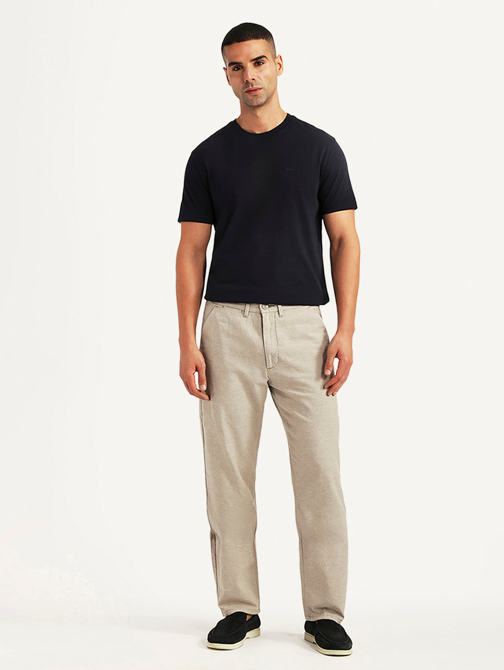 Men's Beige Relaxed Fit Linen Chinos - Front View