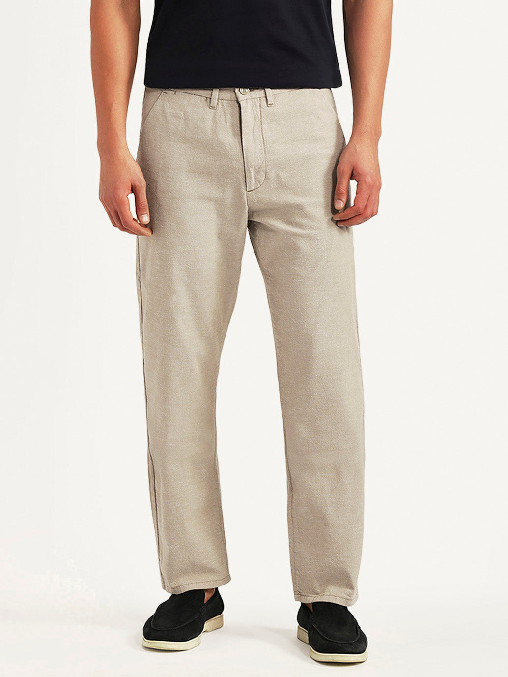 Men's Beige Relaxed Fit Linen Chinos - Front View