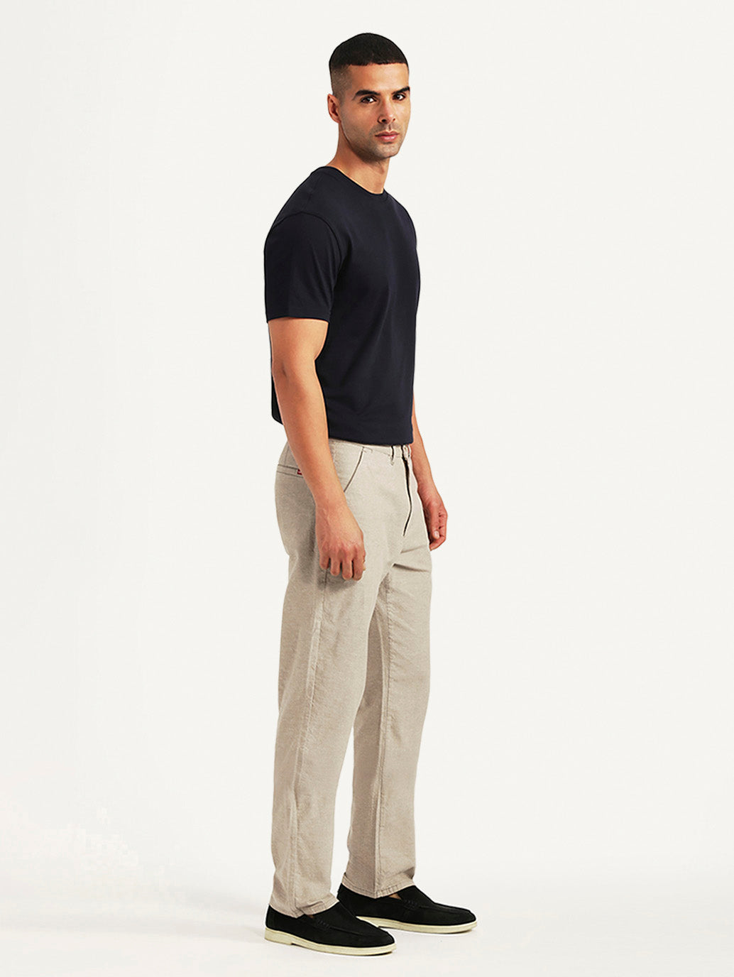 Men's Beige Relaxed Fit Linen Chinos - Side View