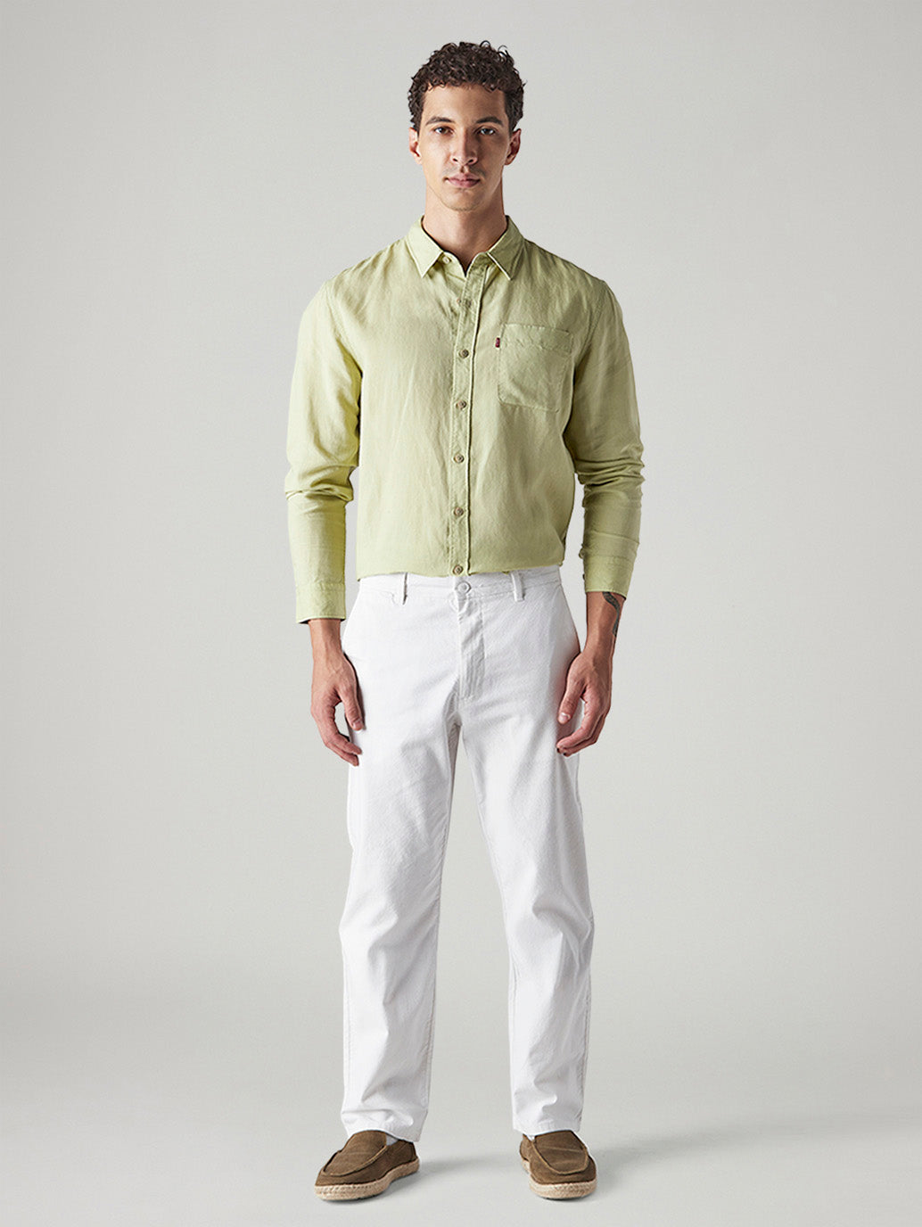 Men's White Authentic Relaxed Fit Mid Rise Linen Chinos - Front View