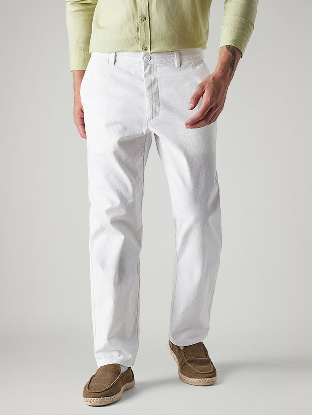 Men's White Authentic Relaxed Fit Mid Rise Linen Chinos - Front View